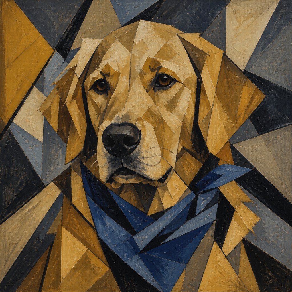 portrait of a golden retriever wearing a blue bandana, warm plain backdrop, no text — Modernism Art Style pet portrait