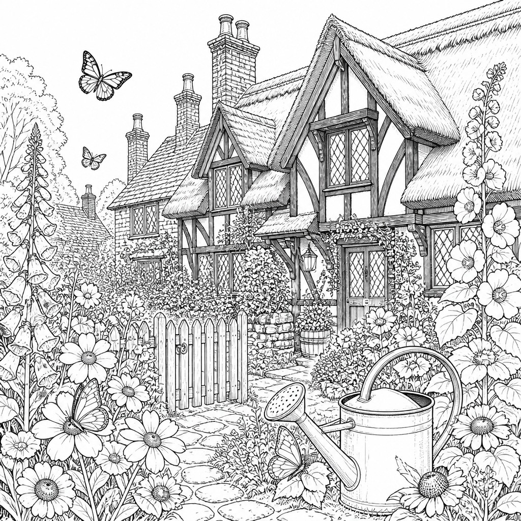 a garden scene with butterflies, flowers and a watering can, clean uncolored line art, no text — Tudor Architecture Style coloring page