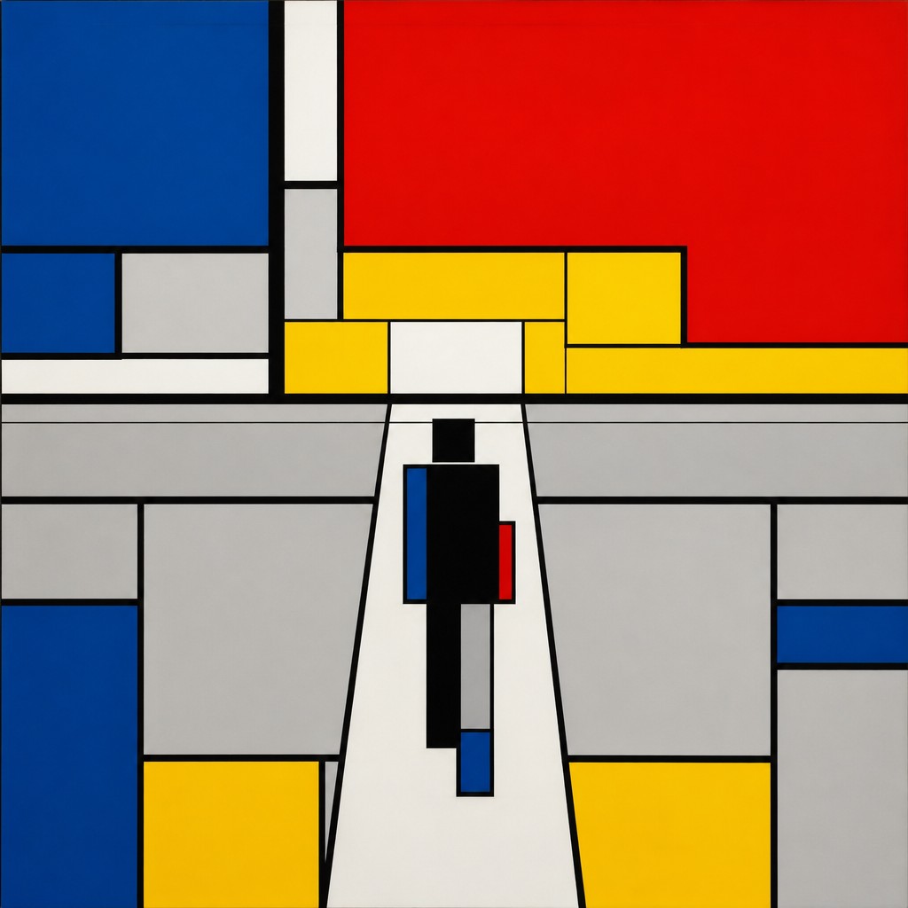 a solitary figure walking toward a glowing horizon across an empty plain, moody atmosphere, no text or lettering — De Stijl Art Style album cover