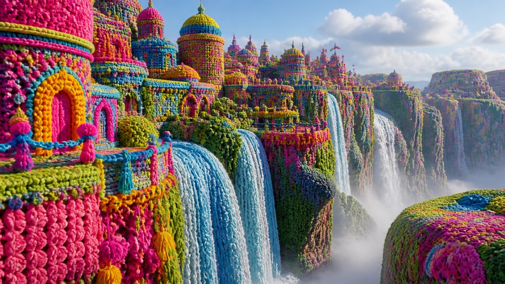a cliffside city with waterfalls cascading into a misty canyon, wide establishing shot, no people, no text — Yarn Bombing Street Art Style concept art