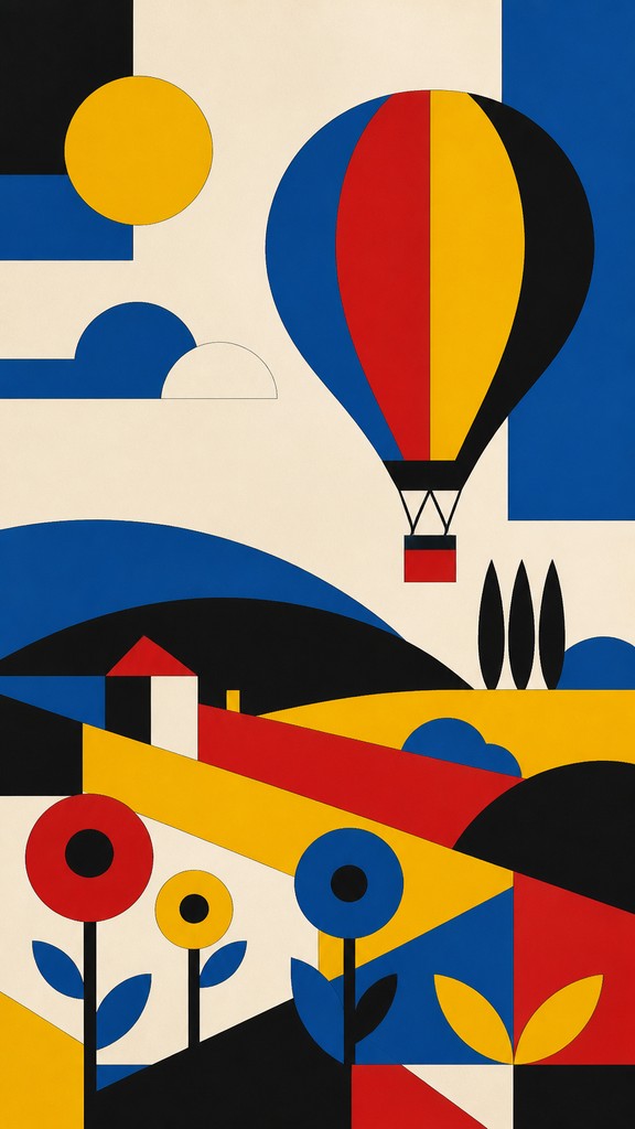 a hot air balloon drifting over rolling flower fields on a sunny day, cheerful, no text — Bauhaus Art Style greeting card