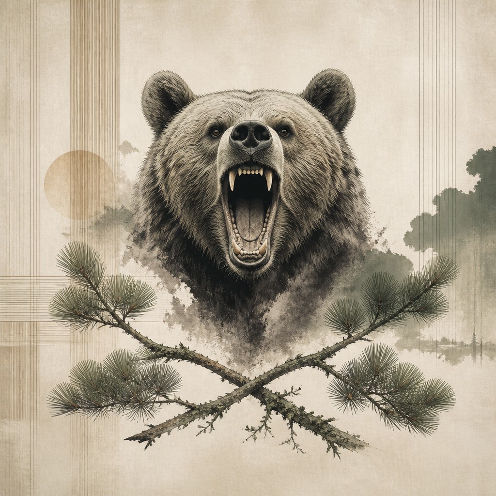a roaring bear head above crossed pine branches, bold graphic composition on a plain background, no text — Japanese Architecture Art t-shirt design