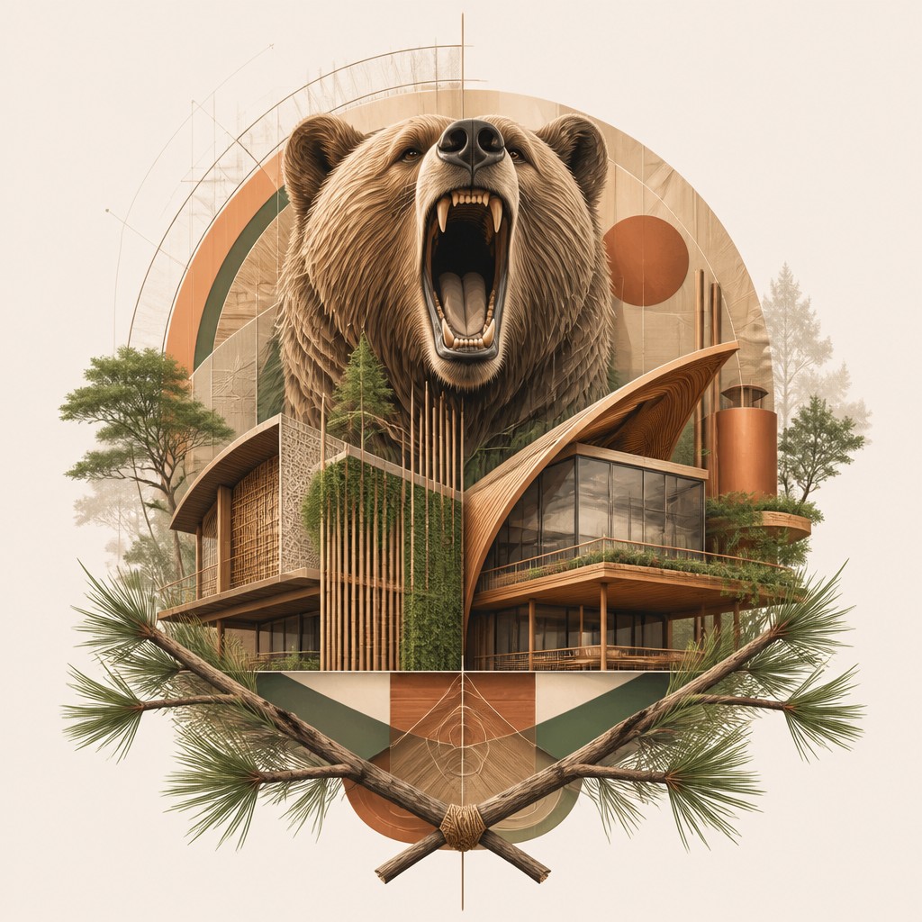 a roaring bear head above crossed pine branches, bold graphic composition on a plain background, no text — Sustainable Architecture Art t-shirt design