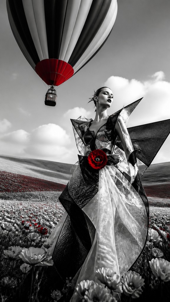 a hot air balloon drifting over rolling flower fields on a sunny day, cheerful, no text — Avant-Garde Fashion Design greeting card