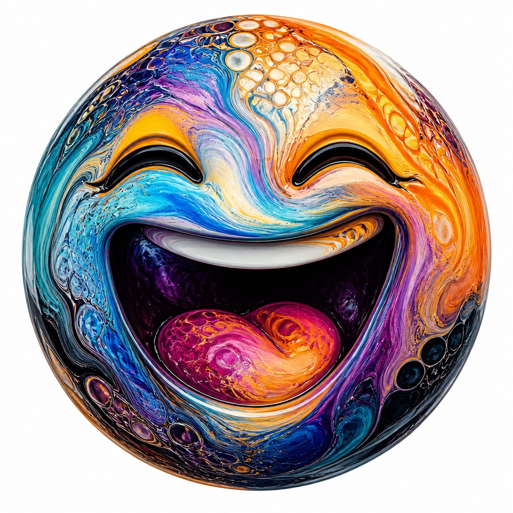 an exaggerated laughing face of an original round mascot character, bold and readable at small size, plain background, no text — Fluid Abstract Art Style Twitch emote