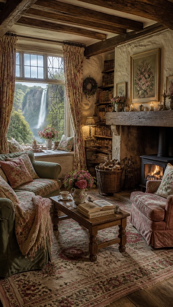 towering waterfall cascading down a cliff — English Cottage Interior Design