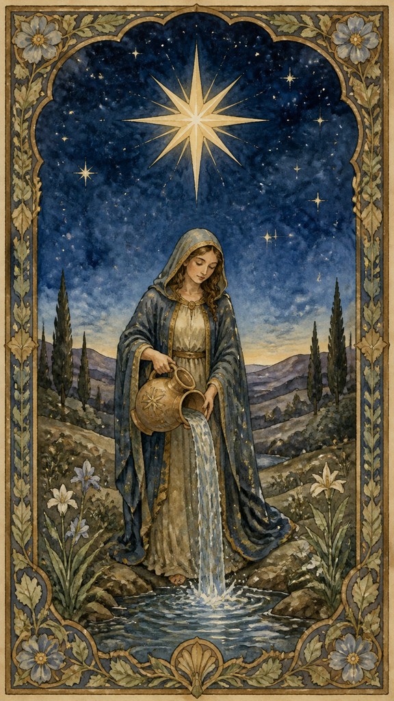 a robed figure pouring water beneath a large eight-pointed star in a night sky, symmetrical composition with an ornate decorative border, no text — Storybook Watercolor tarot card
