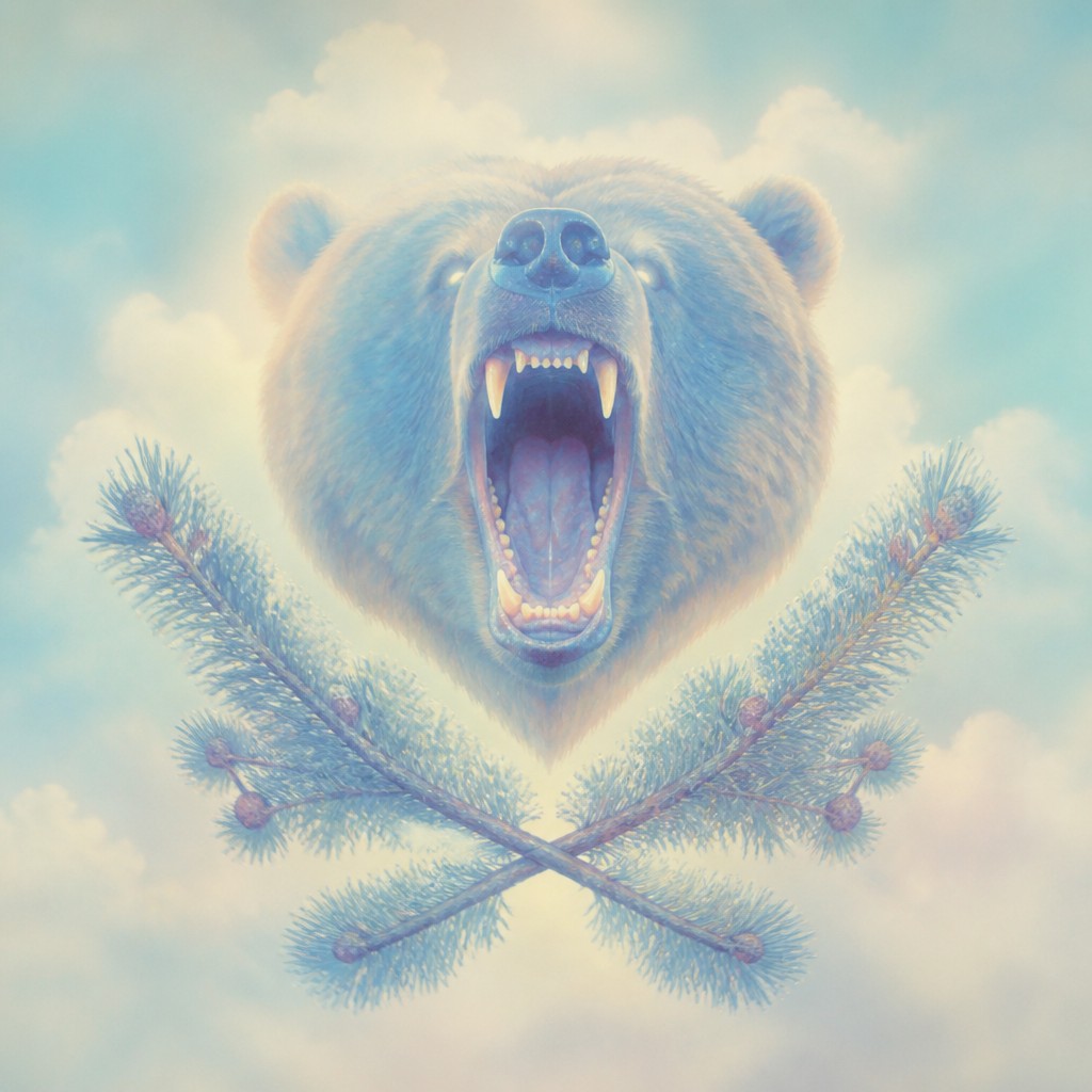a roaring bear head above crossed pine branches, bold graphic composition on a plain background, no text — Dreamcore Aesthetic t-shirt design