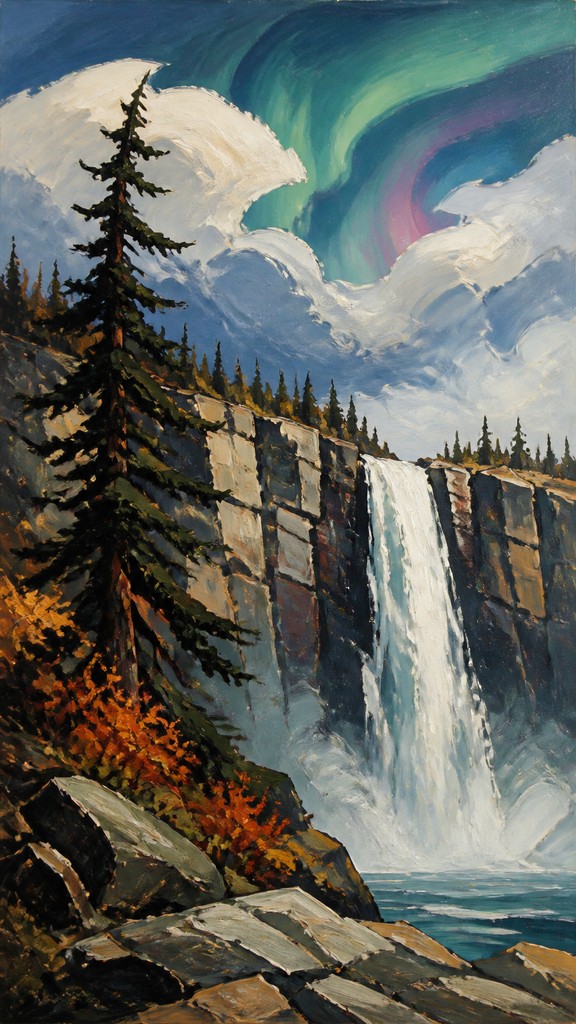 towering waterfall cascading down a cliff — Canadian Art Style