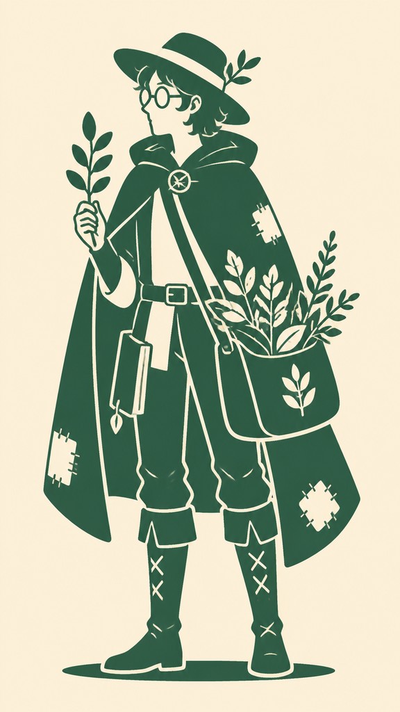 full-body original character: a wandering botanist with a satchel of plants, a patched green cloak, tall boots and round glasses, neutral background — Duotone Icon Design character design