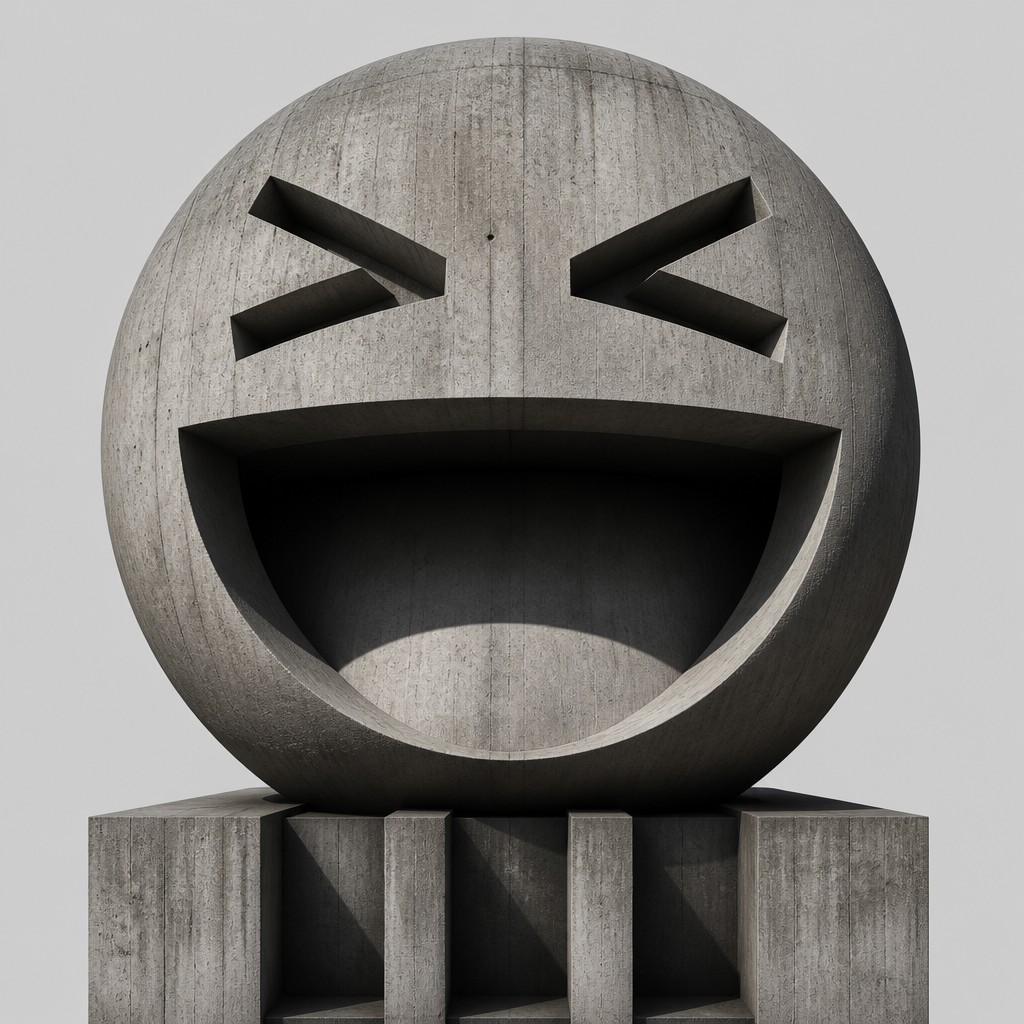an exaggerated laughing face of an original round mascot character, bold and readable at small size, plain background, no text — Brutalist Architecture Art Twitch emote