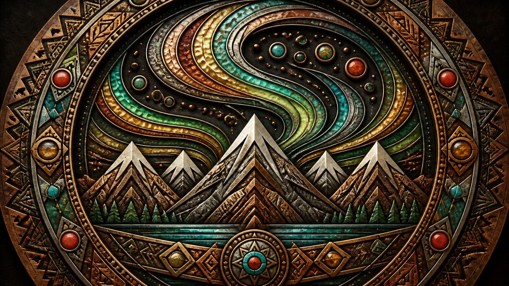 a flowing aurora over snowy peaks, wide sweeping composition, no people, no text — Ethnic Tribal Jewelry Design banner