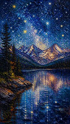 a tranquil mountain lake beneath a starry night sky, no people, no text — Impressionist Landscape Art Style wallpaper