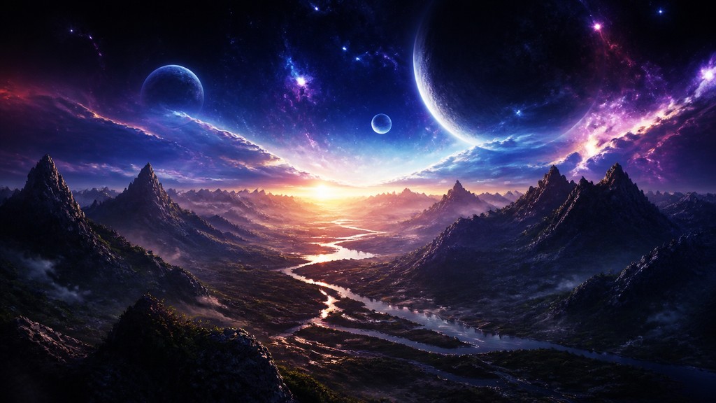 a vast valley with a river winding toward distant mountains at sunrise, no people, no text — Space Opera Sci-Fi Art desktop wallpaper