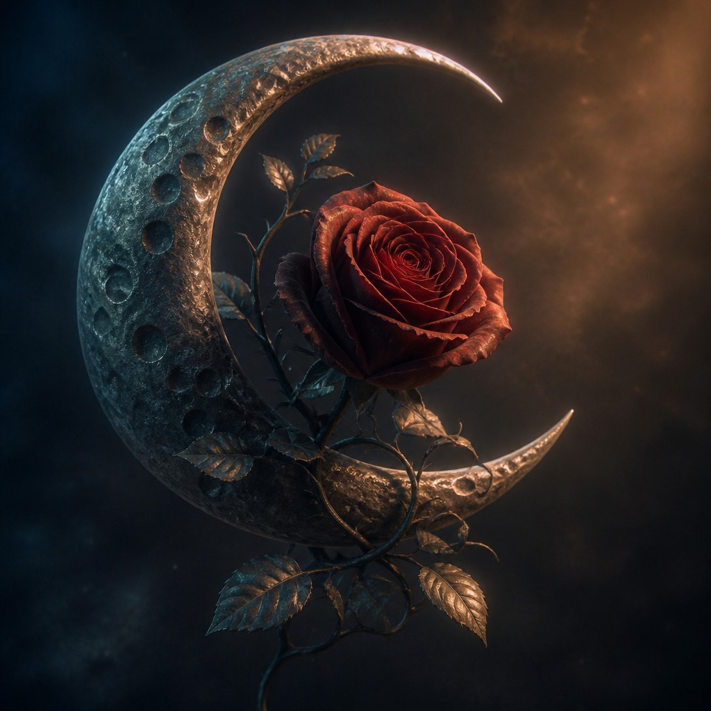 a rose entwined with a crescent moon, clean balanced composition on a plain background, no text — VFX Compositing Digital Art Style tattoo design