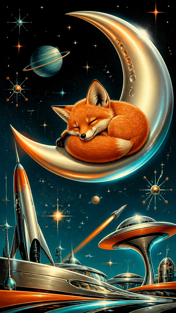 a sleeping baby fox curled on a crescent moon among soft stars, gentle and warm, no text — Retro Futurism Sci-Fi Art baby announcement