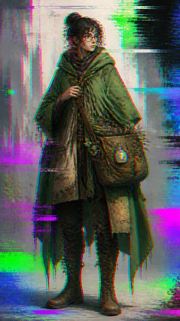 full-body original character: a wandering botanist with a satchel of plants, a patched green cloak, tall boots and round glasses, neutral background — Digital Glitch Abstract Art Style character design