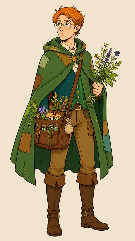 full-body original character: a wandering botanist with a satchel of plants, a patched green cloak, tall boots and round glasses, neutral background — European Comic Art (Ligne Claire) character design