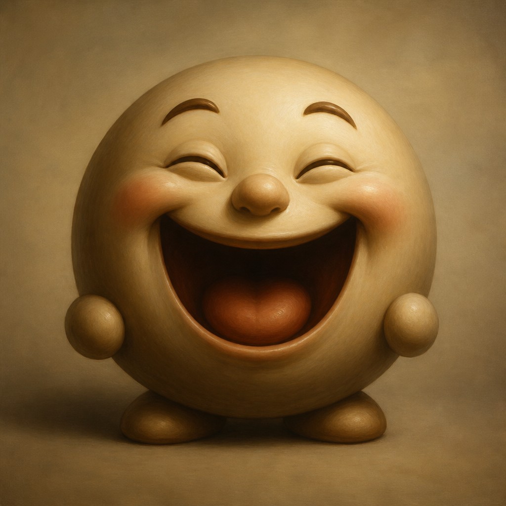 an exaggerated laughing face of an original round mascot character, bold and readable at small size, plain background, no text — Classical Realist Figurative Art Style Twitch emote