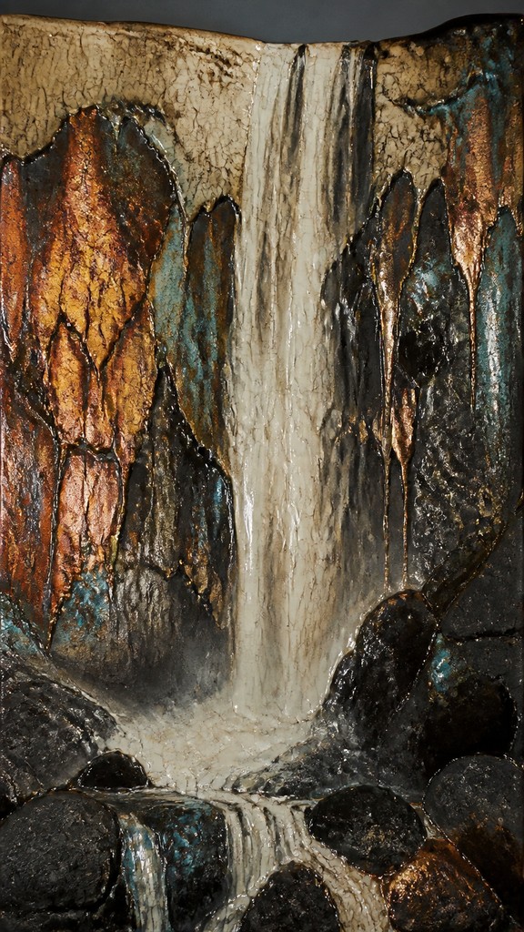 towering waterfall cascading down a cliff — Japanese Raku Ceramic Art Style