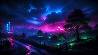 rolling hills with scattered trees under a big dramatic sky, no people — Cyberpunk Art Style wallpaper