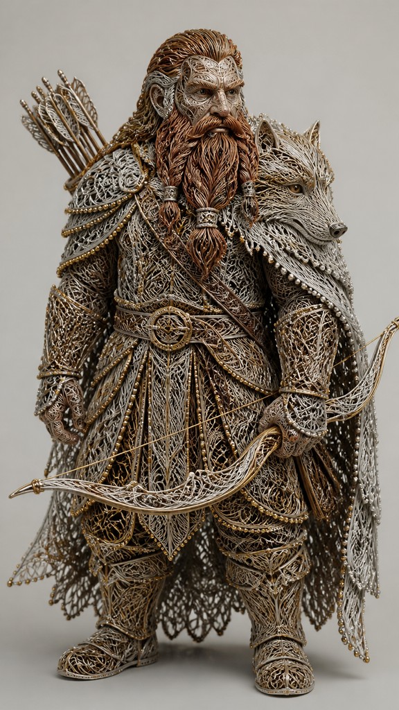 full-body original character: a dwarven ranger with a braided auburn beard, worn leather armor, a longbow and a wolf-pelt cloak, neutral background, no text — Filigree Jewelry Style tabletop character portrait
