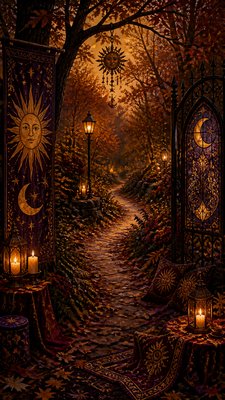 a winding forest path in golden autumn light, no people — Whimsigoth Aesthetic wallpaper