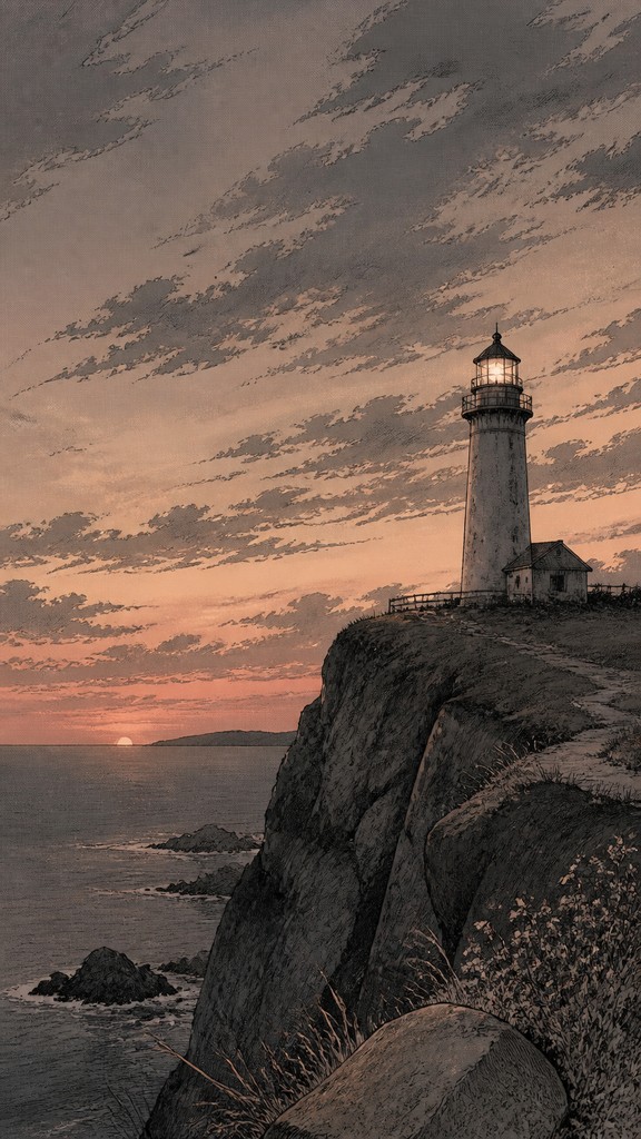 a lone lighthouse on a cliff at dusk under a dramatic sky, no text or lettering — Slice of Life Manga Art Style poster