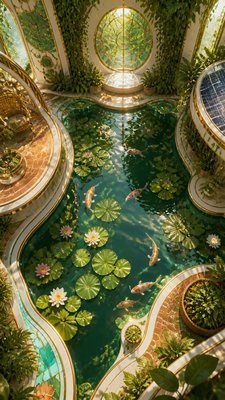 a koi pond with lily pads seen from above, no people — Solarpunk Aesthetic wallpaper