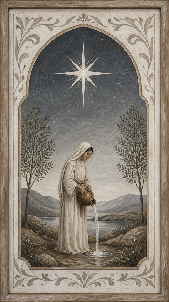 a robed figure pouring water beneath a large eight-pointed star in a night sky, symmetrical composition with an ornate decorative border, no text — Modern Farmhouse Interior Design tarot card