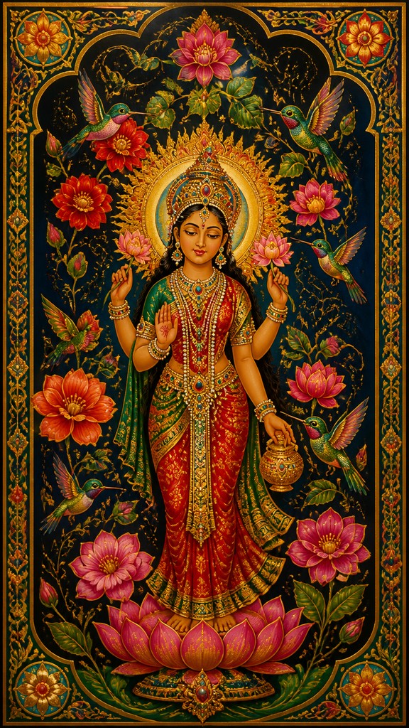 a climbing vine of flowers and hummingbirds on a dark background, tall wrapping composition, no text — Hindu Religious Art phone case design