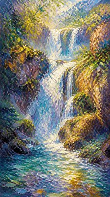 a cascading waterfall in a lush green gorge, no people — Impressionist Landscape Art Style wallpaper