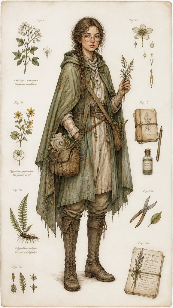 full-body original character: a wandering botanist with a satchel of plants, a patched green cloak, tall boots and round glasses, neutral background — Traditional Botanical Still Life Art Style character design