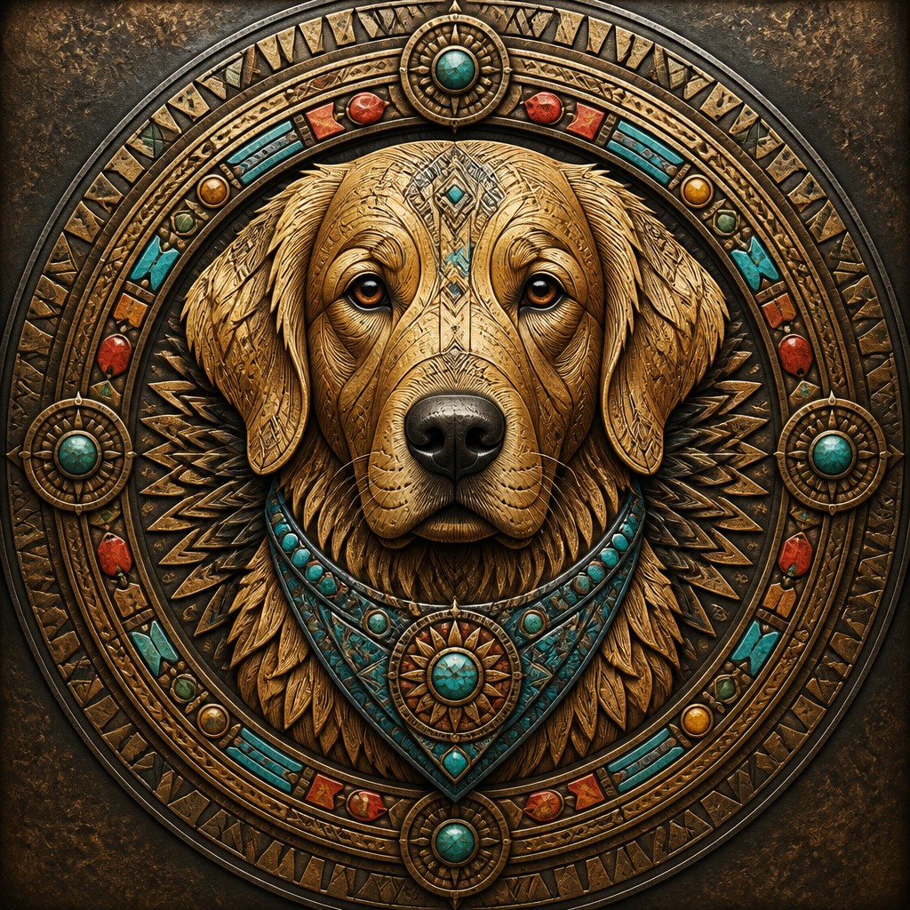 portrait of a golden retriever wearing a blue bandana, warm plain backdrop, no text — Ethnic Tribal Jewelry Design pet portrait