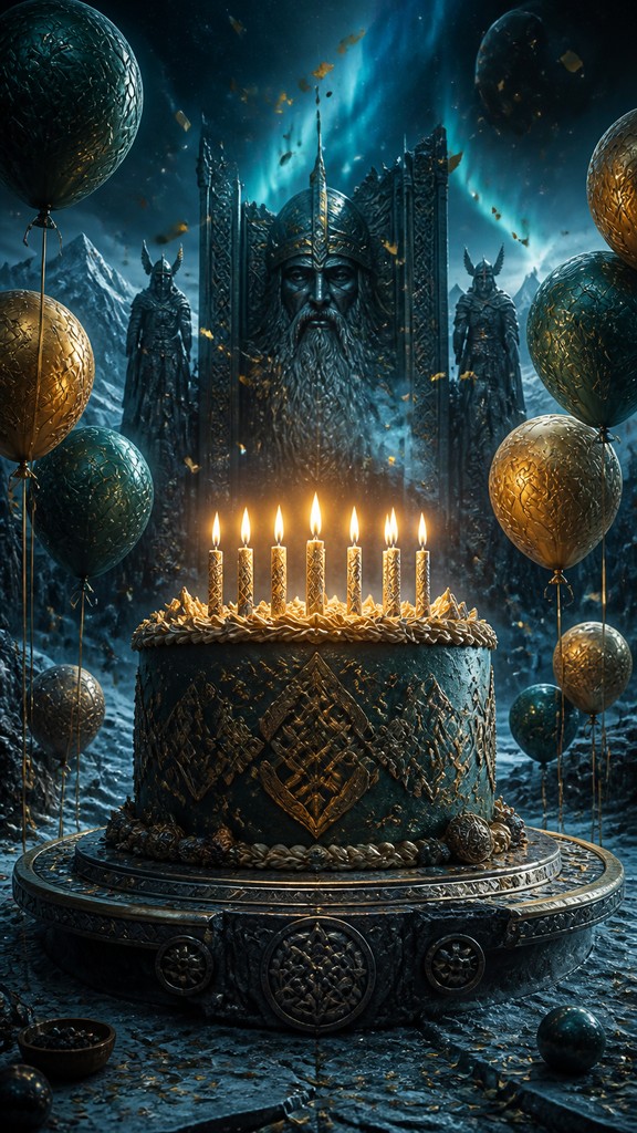 a birthday cake with lit candles surrounded by balloons and confetti, festive vertical composition, no text — Norse Fantasy Art birthday card