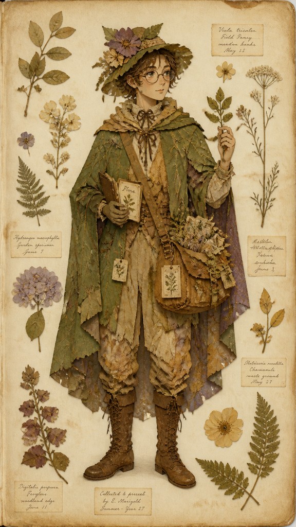 full-body original character: a wandering botanist with a satchel of plants, a patched green cloak, tall boots and round glasses, neutral background — Pressed Flowers character design