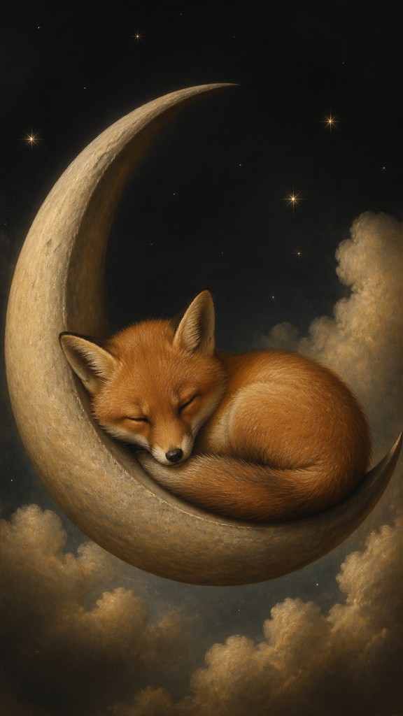 a sleeping baby fox curled on a crescent moon among soft stars, gentle and warm, no text — Classical Realist Figurative Art Style baby announcement