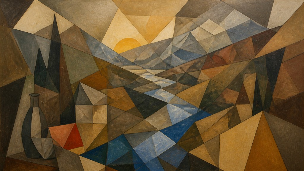 a vast valley with a river winding toward distant mountains at sunrise, no people, no text — Cubist Still Life Art Style desktop wallpaper