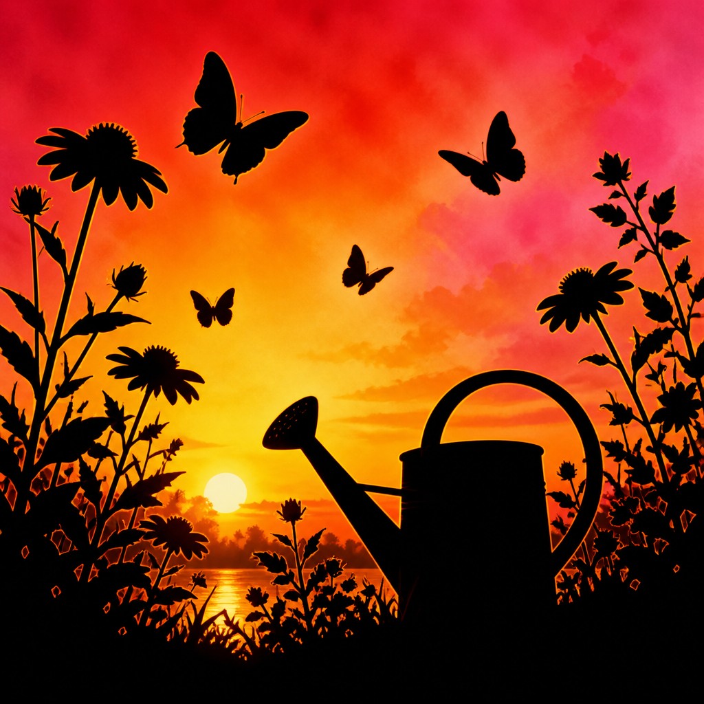 a garden scene with butterflies, flowers and a watering can, clean uncolored line art, no text — Sunset Silhouette Art Style coloring page