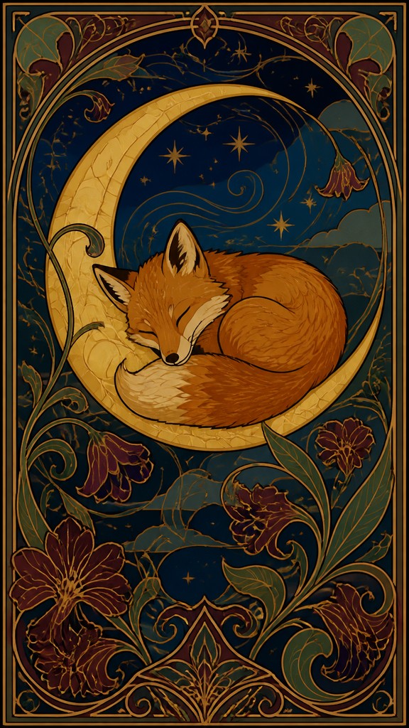 a sleeping baby fox curled on a crescent moon among soft stars, gentle and warm, no text — Art Nouveau Style baby announcement