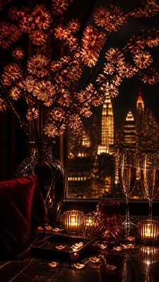 cherry blossom branches against a soft dawn sky, no people — Night Luxe Aesthetic wallpaper