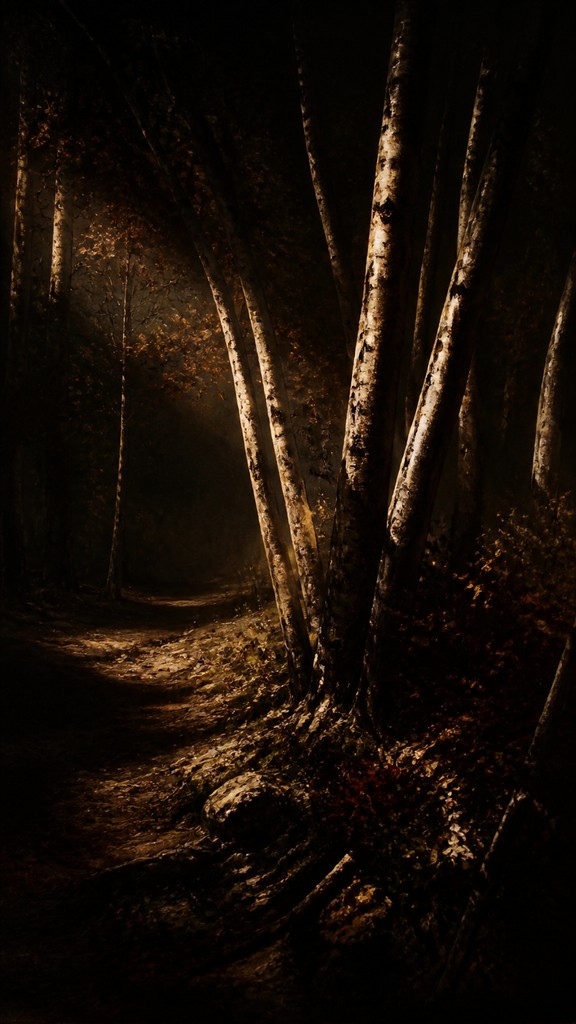 a serene birch forest in soft morning light, no people, no text — Caravaggio Realism Baroque Art Style wall art print