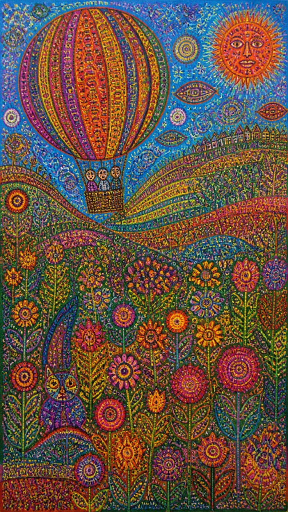 a hot air balloon drifting over rolling flower fields on a sunny day, cheerful, no text — Outsider Art Style greeting card