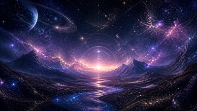 a vast valley with a river winding toward distant mountains at sunrise, no people, no text — Spacecore Aesthetic wallpaper