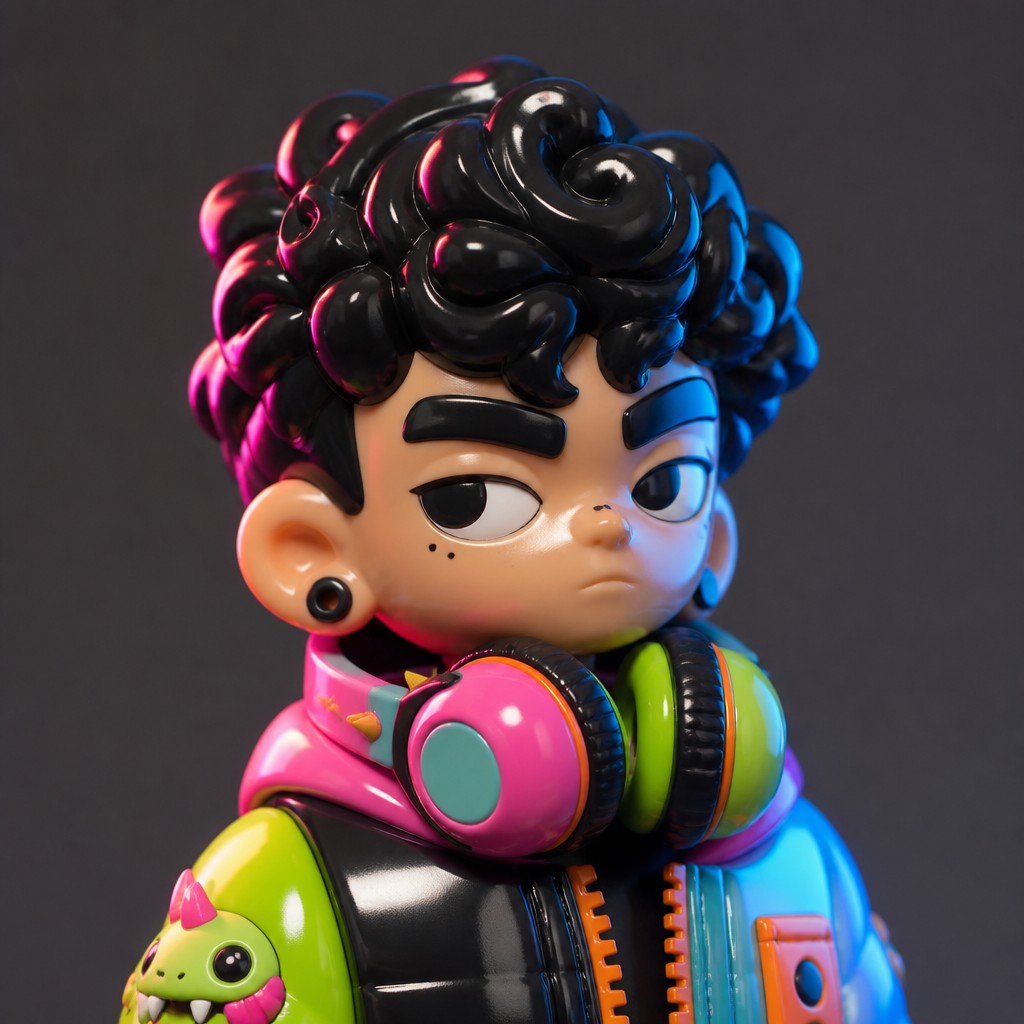 head-and-shoulders portrait of an original character: a young man with curly dark hair and headphones around his neck, plain backdrop, no text — Japanese Toy Art (Sofubi) Discord profile picture