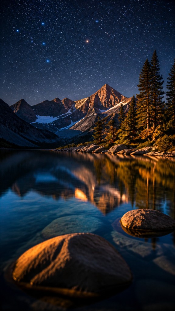 a tranquil mountain lake beneath a starry night sky, no people, no text — Food Photography Still Life Art Style phone wallpaper