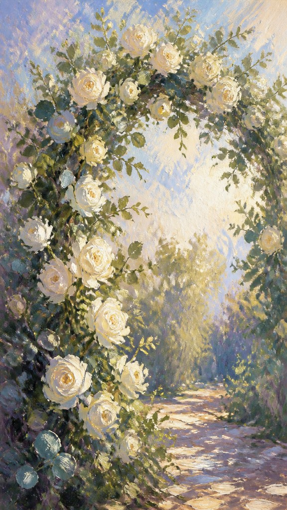 an arch of white roses and eucalyptus in soft morning light, elegant vertical composition with open space, no text — Impressionist Landscape Art Style wedding invitation