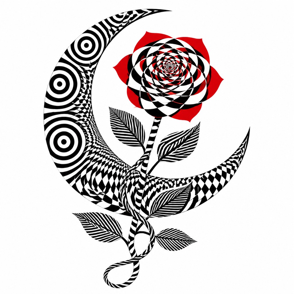 a rose entwined with a crescent moon, clean balanced composition on a plain background, no text — Op Art Style tattoo design