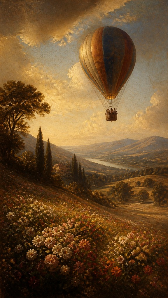 a hot air balloon drifting over rolling flower fields on a sunny day, cheerful, no text — Renaissance Classical Art Style greeting card