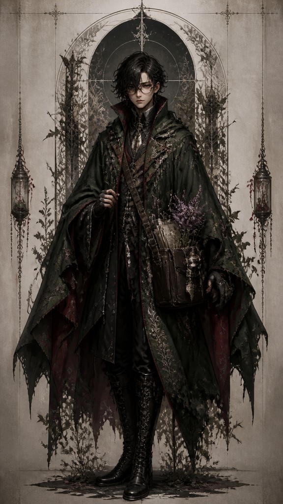 full-body original character: a wandering botanist with a satchel of plants, a patched green cloak, tall boots and round glasses, neutral background — Modern Gothic Art character design